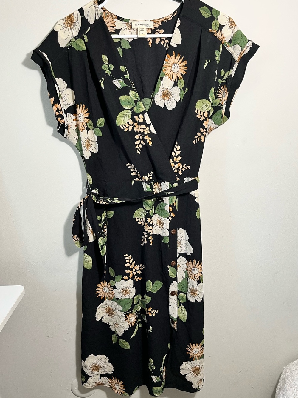Monteau Black Floral Wrap Midi Dress with Cream & Green Print